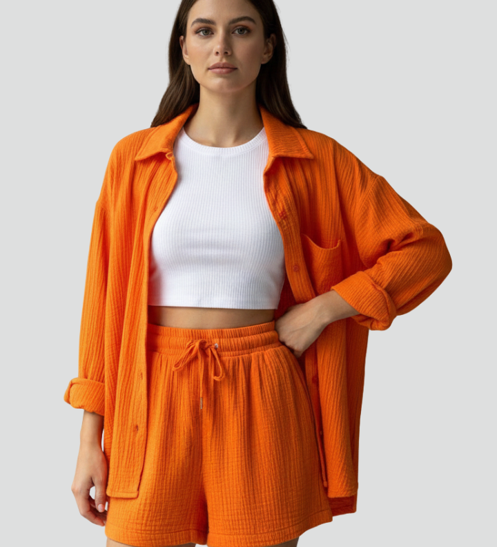 Damen Zweiteiliges Set mit Knopfhemd und Shorts mit Kordelzug