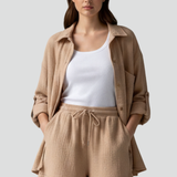 Damen Zweiteiliges Set mit Knopfhemd und Shorts mit Kordelzug