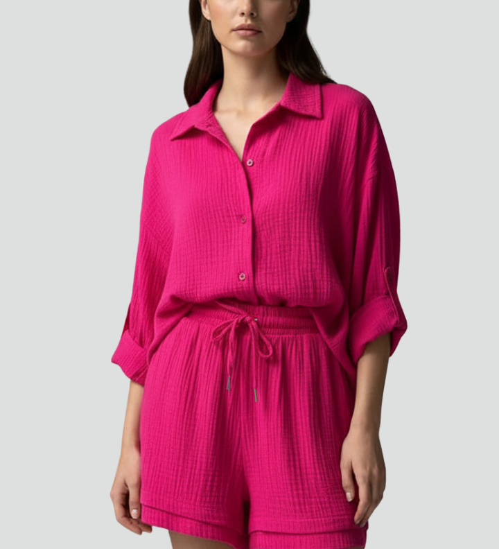 Damen Zweiteiliges Set mit Knopfhemd und Shorts mit Kordelzug