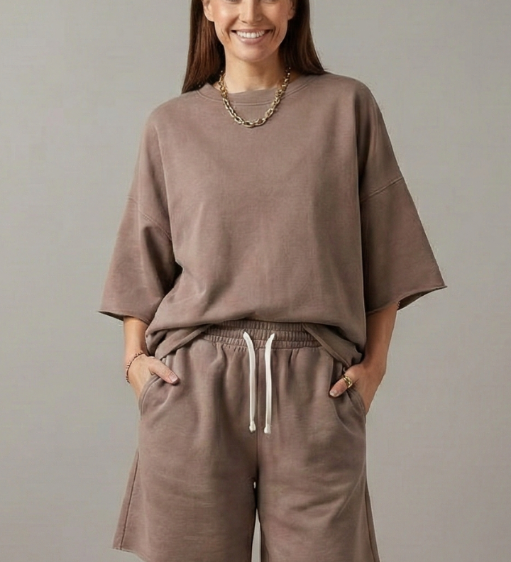 Damen Zweiteiliges Set mit Crop-Top und Shorts mit Kordelzug