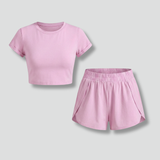 Damen Zweiteiliges Set mit Kurzem T-Shirt und Elastischen Shorts