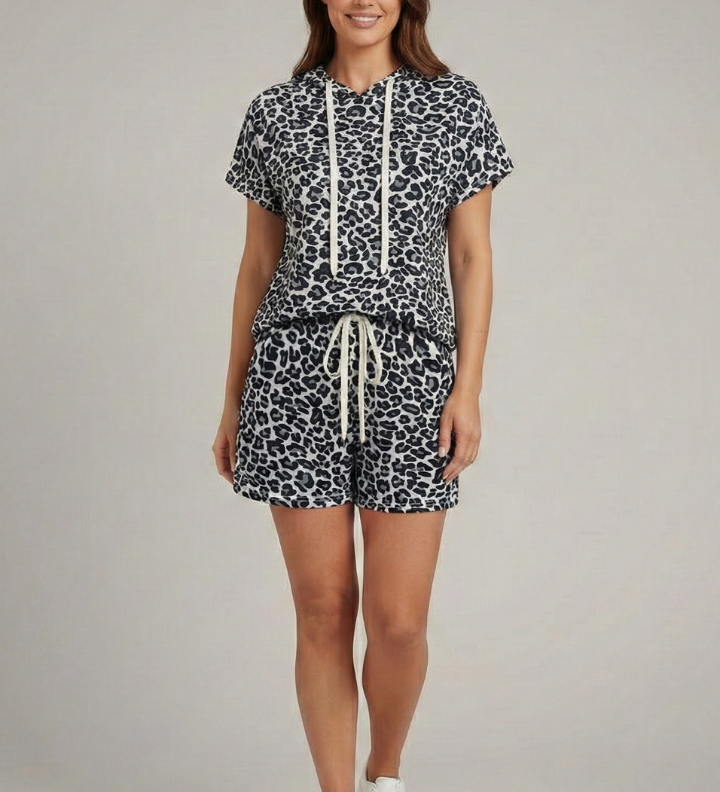 Damen Zweiteiliges Set mit Kapuzenoberteil und elastischen Shorts