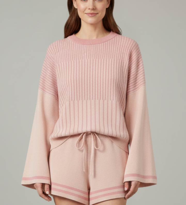 Damen Zweiteiliges Set mit Langarmshirt und Shorts mit Kordelzug
