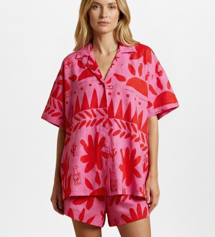 Damen Zweiteiliges Set mit Bedrucktem Shirt und Passenden Shorts