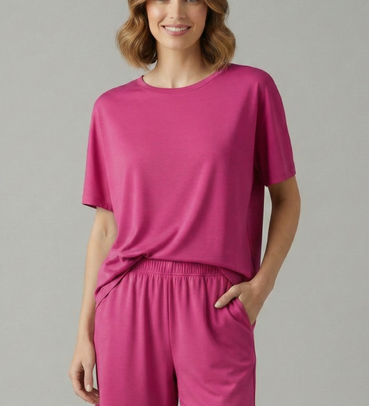 Damen Zweiteiliges Set mit Rundhals-Top und Shorts mit elastischem Bund