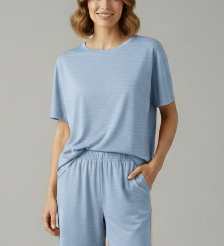 Damen Zweiteiliges Set mit Rundhals-Top und Shorts mit elastischem Bund