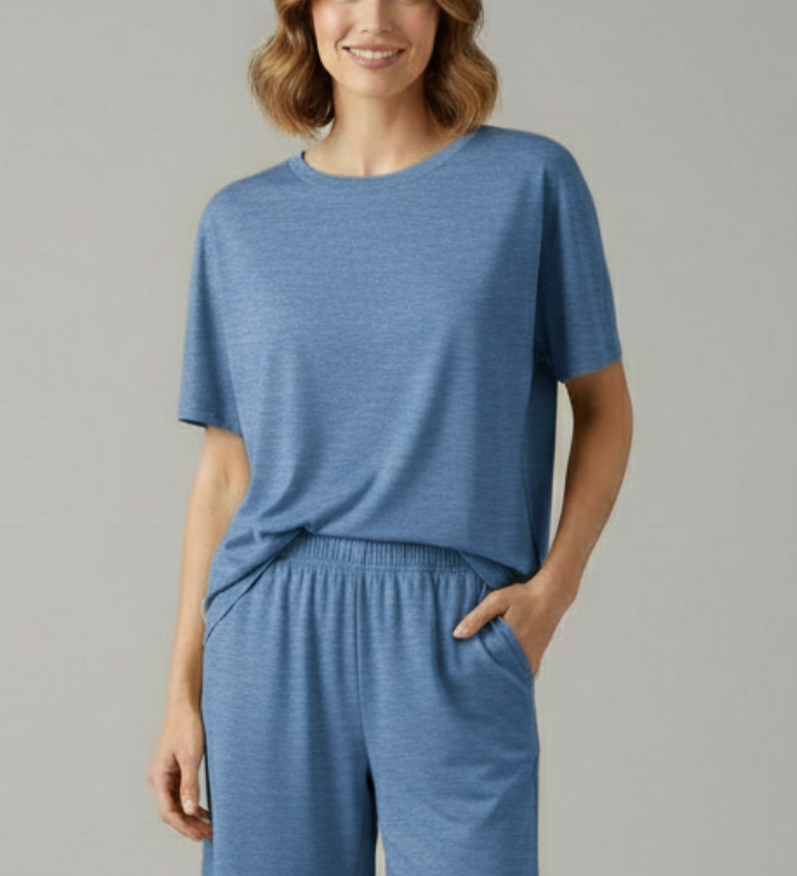 Damen Zweiteiliges Set mit Rundhals-Top und Shorts mit elastischem Bund