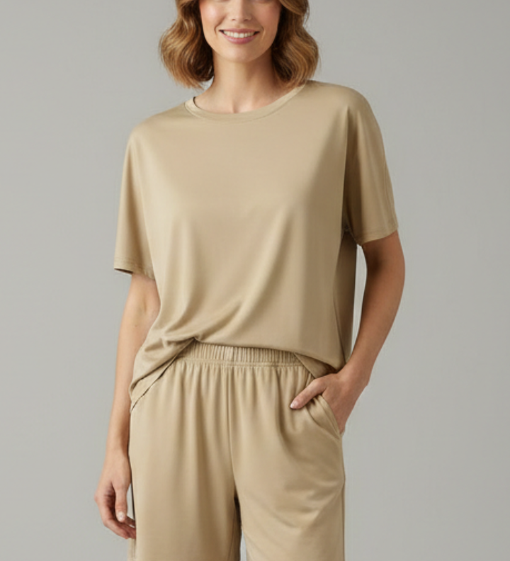 Damen Zweiteiliges Set mit Rundhals-Top und Shorts mit elastischem Bund