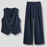Damen Zweiteiliges Set mit V-Ausschnitt Weste und Weiten Hosen