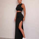 Damen Zwei-Teiler Set mit asymmetrischem Oberteil und Midi-Rock