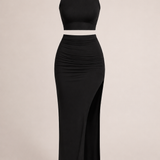 Damen Zwei-Teiler Set mit asymmetrischem Oberteil und Midi-Rock