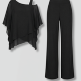 Zwei-Teile-Set für Damen mit asymmetrischem Oberteil und weiten Hosen