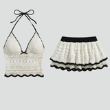 Damen Zweiteiliges Set mit Halterneck-Top und Rüschens Minirock