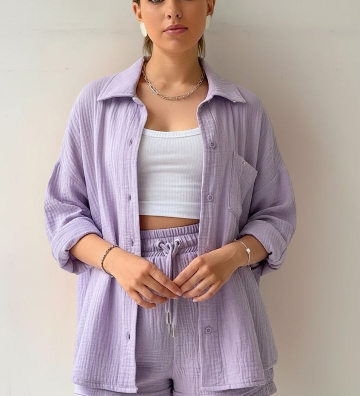 Damen Zweiteiliges Set mit Übergroßer Bluse und Musselin-Shorts
