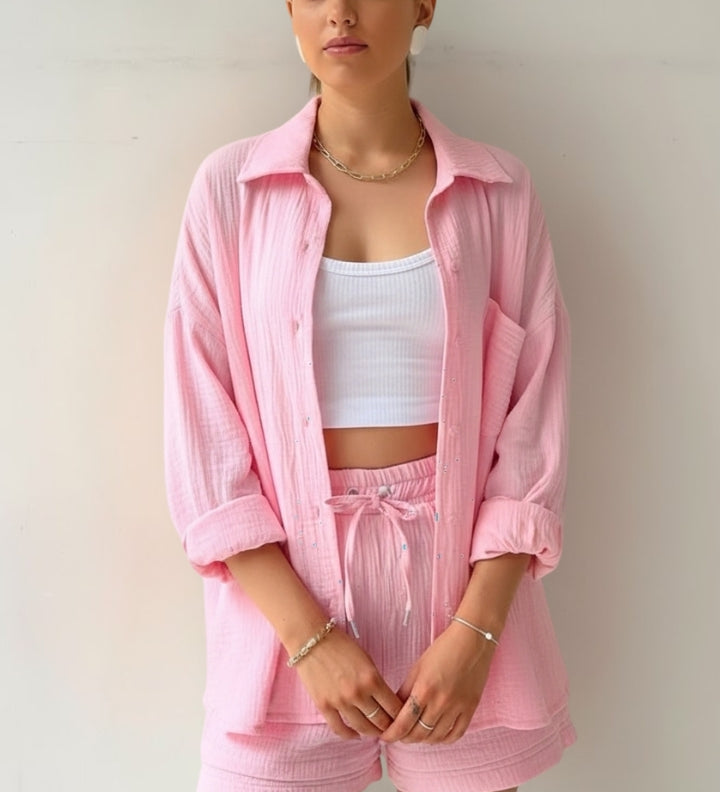Damen Zweiteiler mit Übergröße Bluse und Musselin Shorts
