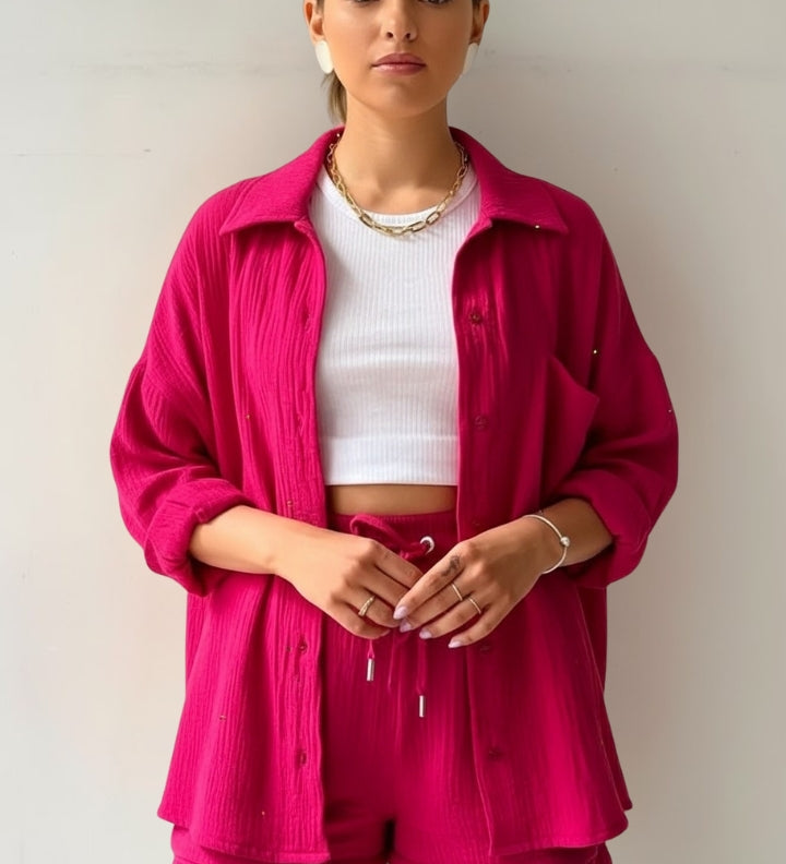Damen Zweiteiliges Set mit Übergroßer Bluse und Musselin-Shorts