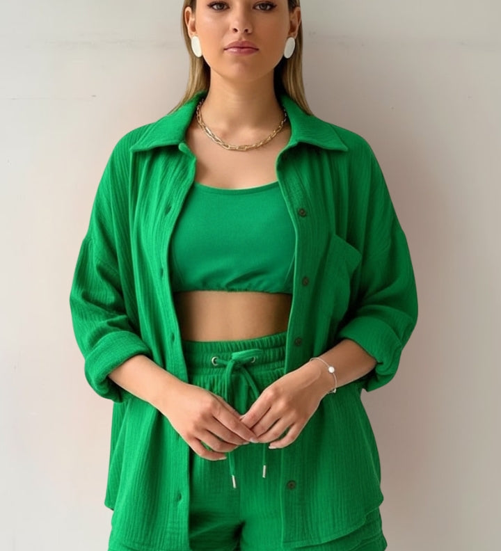 Damen Zweiteiliges Set mit Übergroßer Bluse und Musselin-Shorts