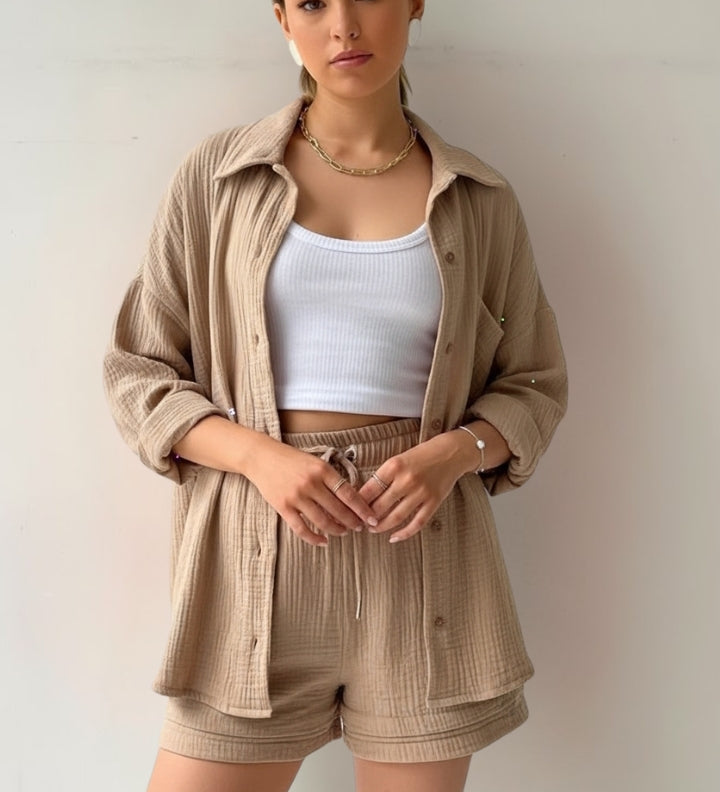Damen Zweiteiler mit Übergröße Bluse und Musselin Shorts