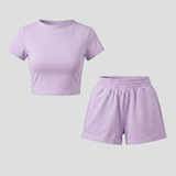 Damen Zweiteiliges Set mit Kurzarmtop und Elastischen Shorts