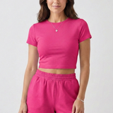 Damen Zweiteiliges Set mit Kurzarmtop und Elastischen Shorts