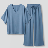 Damen Zweiteiliges Hosen-Set mit V-Ausschnitt und weitem Bein