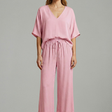 Damen Zweiteiliges Hosen-Set mit V-Ausschnitt und weitem Bein