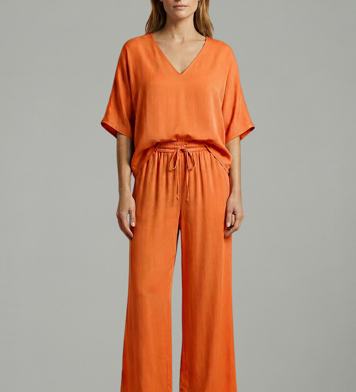 Damen Zweiteiliges Hosen-Set mit V-Ausschnitt und weitem Bein