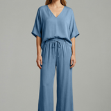 Damen Zweiteiliges Hosen-Set mit V-Ausschnitt und weitem Bein