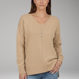 Damen V-Ausschnitt Strukturstrickpullover mit Chevron-Muster und langen Ärmeln