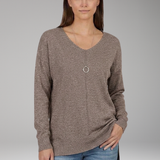 Damen V-Ausschnitt Strukturstrickpullover mit Chevron-Muster und langen Ärmeln