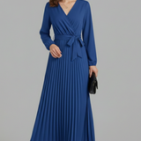 Damen V-Ausschnitt Maxikleid mit plissiertem Rock und Bindegürtel