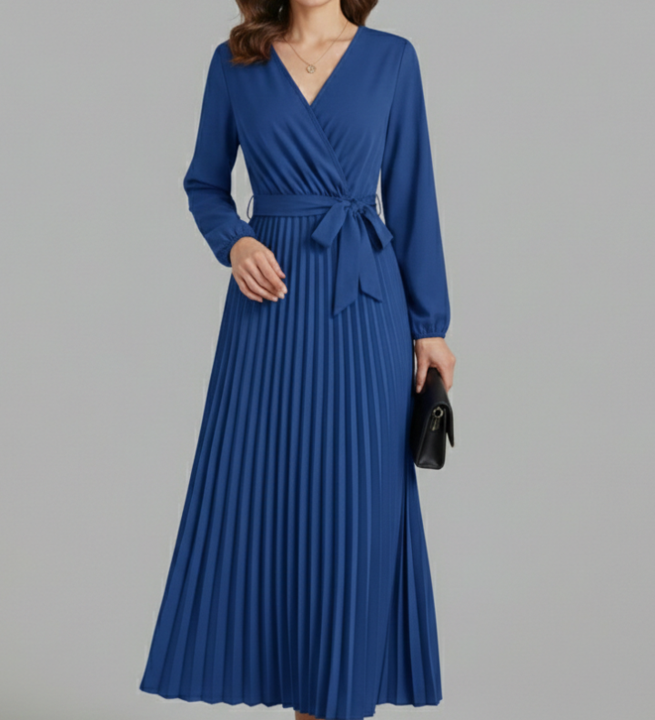 Damen V-Ausschnitt Maxikleid mit plissiertem Rock und Bindegürtel