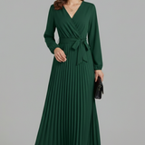 Damen V-Ausschnitt Maxikleid mit plissiertem Rock und Bindegürtel