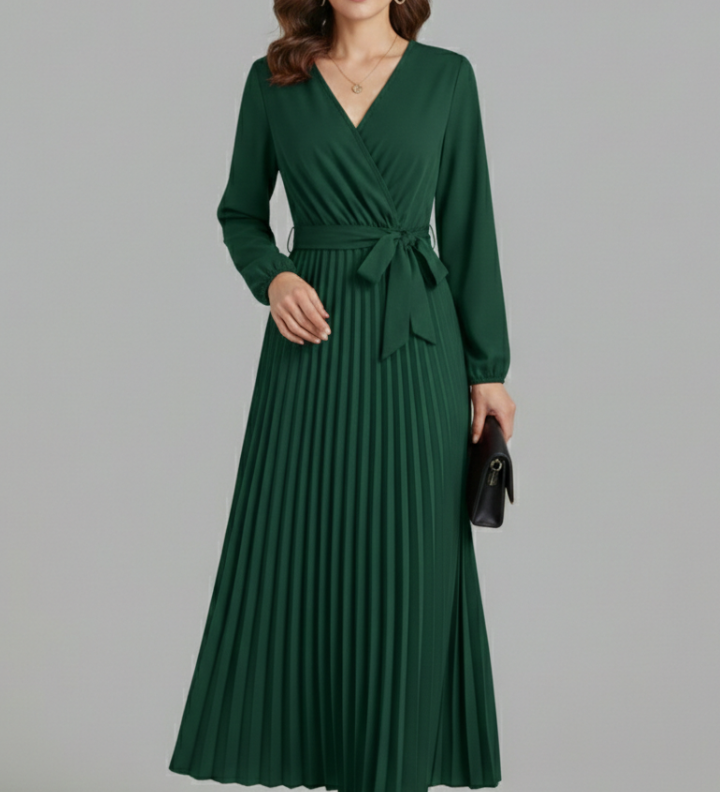 Damen V-Ausschnitt Maxikleid mit plissiertem Rock und Bindegürtel