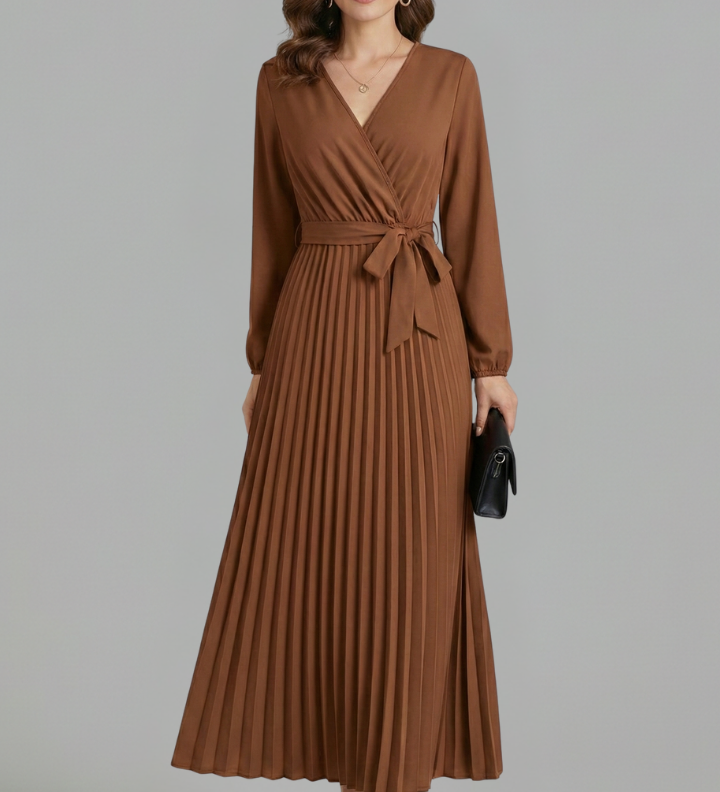 Damen V-Ausschnitt Maxikleid mit plissiertem Rock und Bindegürtel
