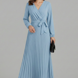 Damen V-Ausschnitt Maxikleid mit plissiertem Rock und Bindegürtel