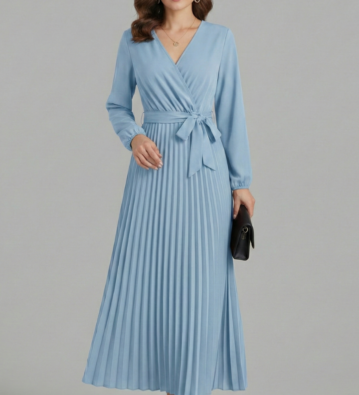 Damen V-Ausschnitt Maxikleid mit plissiertem Rock und Bindegürtel