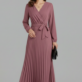 Damen V-Ausschnitt Maxikleid mit plissiertem Rock und Bindegürtel