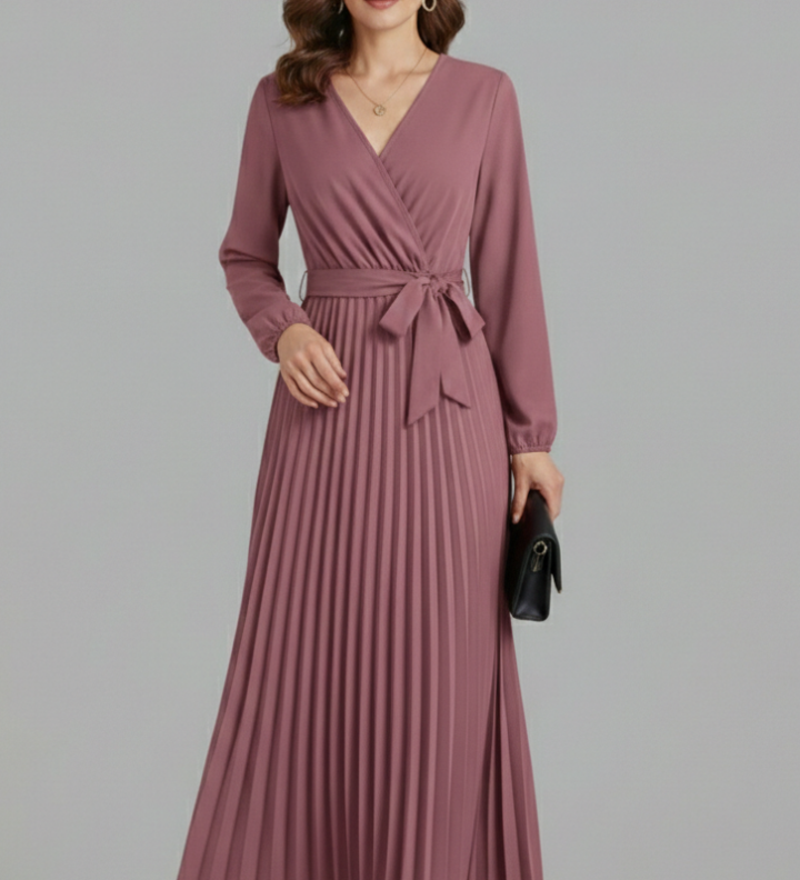 Damen V-Ausschnitt Maxikleid mit plissiertem Rock und Bindegürtel