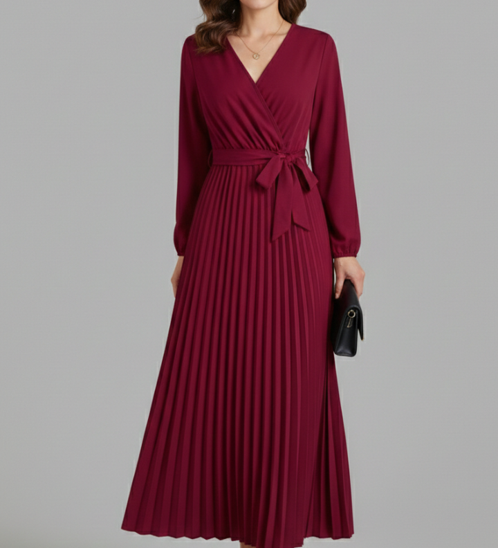 Damen V-Ausschnitt Maxikleid mit plissiertem Rock und Bindegürtel