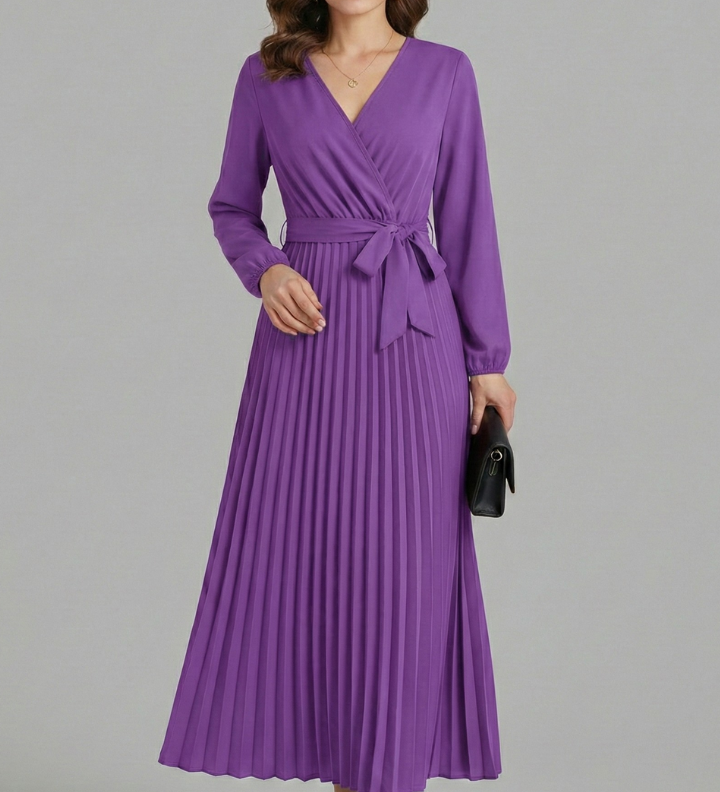 Damen V-Ausschnitt Maxikleid mit plissiertem Rock und Bindegürtel