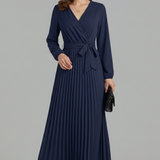 Damen V-Ausschnitt Maxikleid mit plissiertem Rock und Bindegürtel