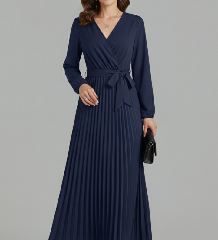 Damen V-Ausschnitt Maxikleid mit plissiertem Rock und Bindegürtel