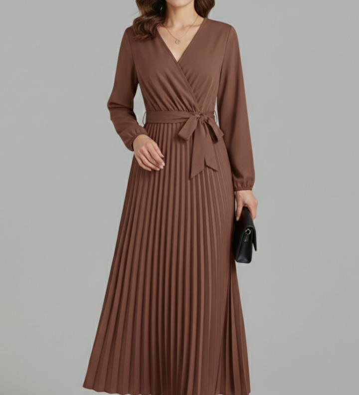 Damen V-Ausschnitt Maxikleid mit plissiertem Rock und Bindegürtel
