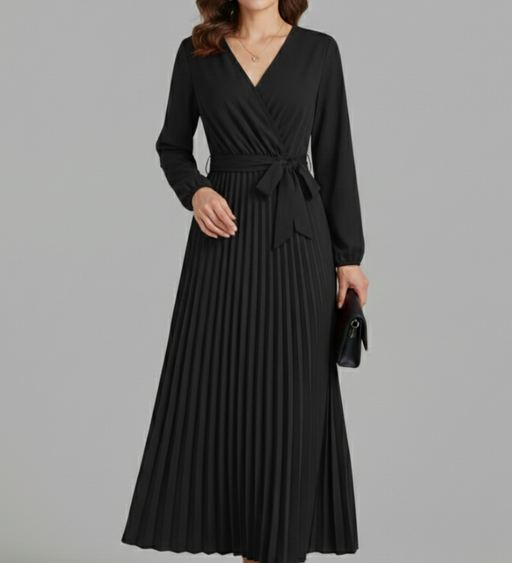 Damen V-Ausschnitt Maxikleid mit plissiertem Rock und Bindegürtel