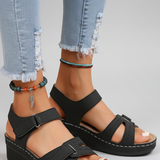 Damen Wedge Sandalen mit Klettverschluss und Offenem Zehenbereich