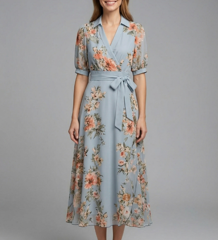 Damen Wickelkleid mit V-Ausschnitt und Taillenknoten