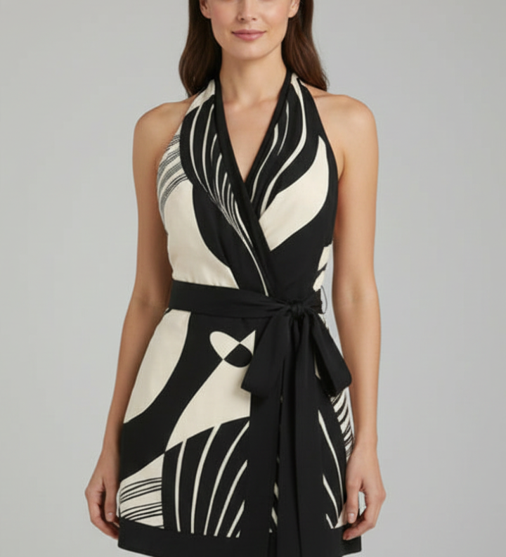 Damen Wickel-Minikleid mit Halterneck und Bindegürtel