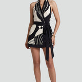 Damen Wickel-Minikleid mit Halterneck und Bindegürtel