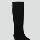 Damen kniehohe Stiefel mit weiter Öffnung und Blockabsatz